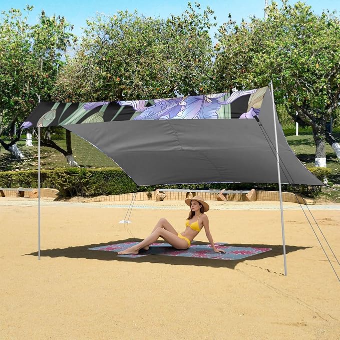 ALAZA Purple Iris Flowers Floral Beach Tent Sun Shelter UPF50+ Protection Beach Shade Canopy w/ 4 Sandbags for Outdoor Camping Fishing Backyard Fun Picnic 10x9 ft
