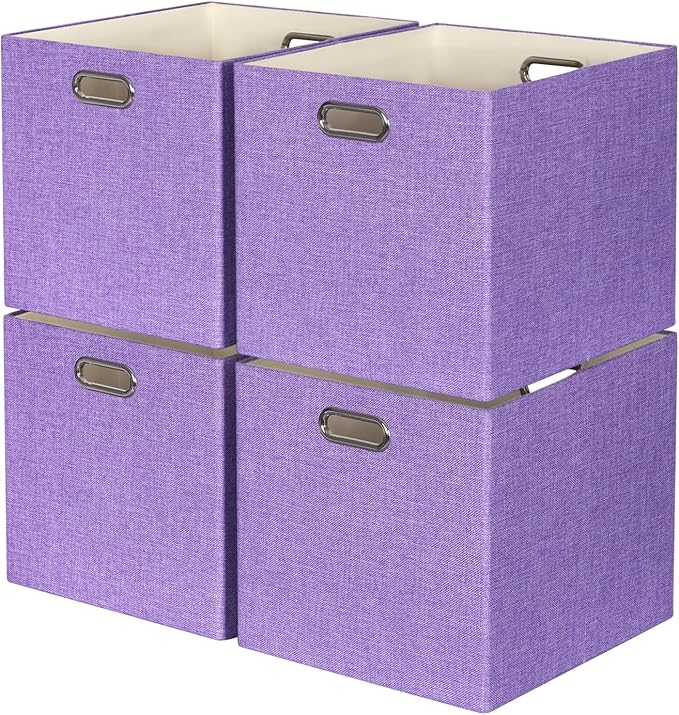 13x15x13 Storage Cube Bins Foldable Storage Cubes Fabric Organizer Basket Bin Solid Containers Decorative Storage Boxes for Shelves Wardrobe Closet Home Office 4 Pack Purple