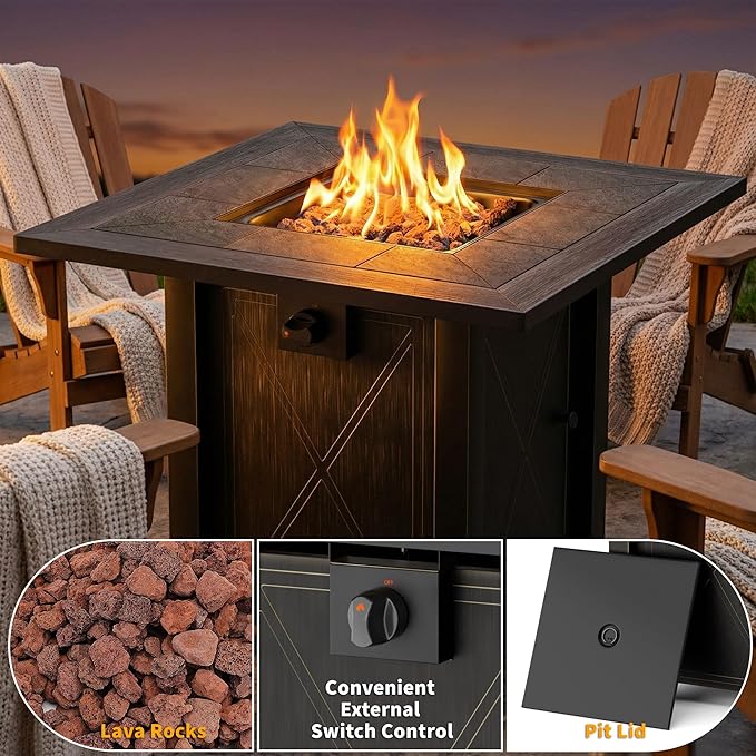 HOTEAGLE 30 Propane Fire Pit with Premium Ceramic Tabletop 50000 BTU Powerful Gas Firepit Table - Includes Lid and Lava Rocks Ideal Outdoor Fire Pit for Dining Party in Patio Garden Yard