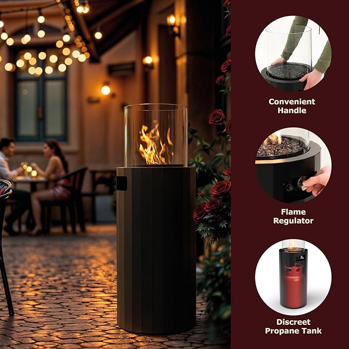 Planika BINO Outdoor Gas Fireplace - Fire Column with Glass Shield for Patio or Gardens (Outdoor Cover Incl) (Black)