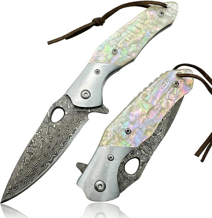 Damascus VG10 Steel Folding Pocket Knife 3.15 Blade MOP Handle EDC Knife with Mechanical Lock Pocket Clip for Men Women Camping Survival Hiking
