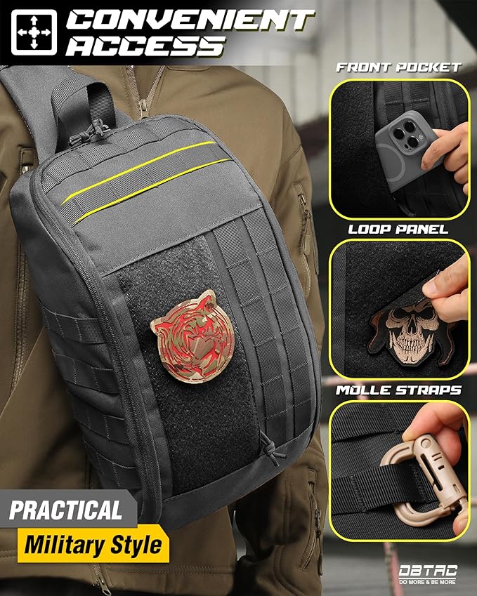 DBTAC Compact 9L Tactical Sling Bag with Removable Elastic Organizer Panel Everyday Carry Shoulder Pack for EDC Tools First Aid Travel Outdoor Sports (Charcoal Camo)