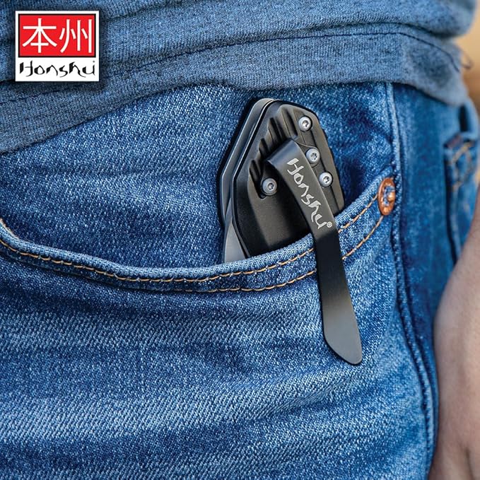 Honshu Sumorusodo Pocket Knife | 7CR17 Stainless Steel Wharncliffe Blade | Ball Bearing Opening | Black Iodized 6061 Aluminum Handle | Pocket Clip | 3 3/8 Blade Length