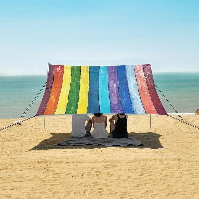 ALAZA Vintage Rainbow Striped Beach Tent Sun Shelter Portable Canopy Sunshade for Outdoor Camping Picnics Backyard Fun 10x9 ft