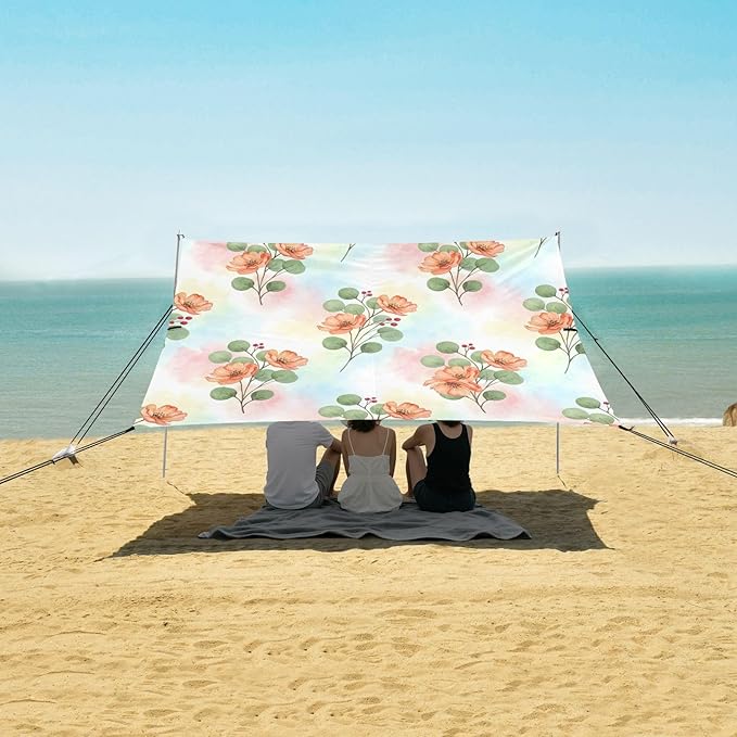 xigua Wildflowers Beach Tent Sun Shelter with Carrying Bag - Silver Coated Oxford Fabric Beach Canopy for Beach Camping Fishing - Includes Windproof Ropes Sandbags &amp Stakes