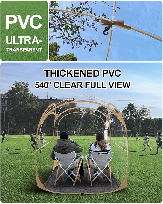 Baobrava Pop Up Sports Tent - Thick PVC Scratch-Resistant Bubble Clear Tent Instant Weather Proof Pod with Extra Top Cover for Soccer Football Games Outdoor Events 1-2 Person