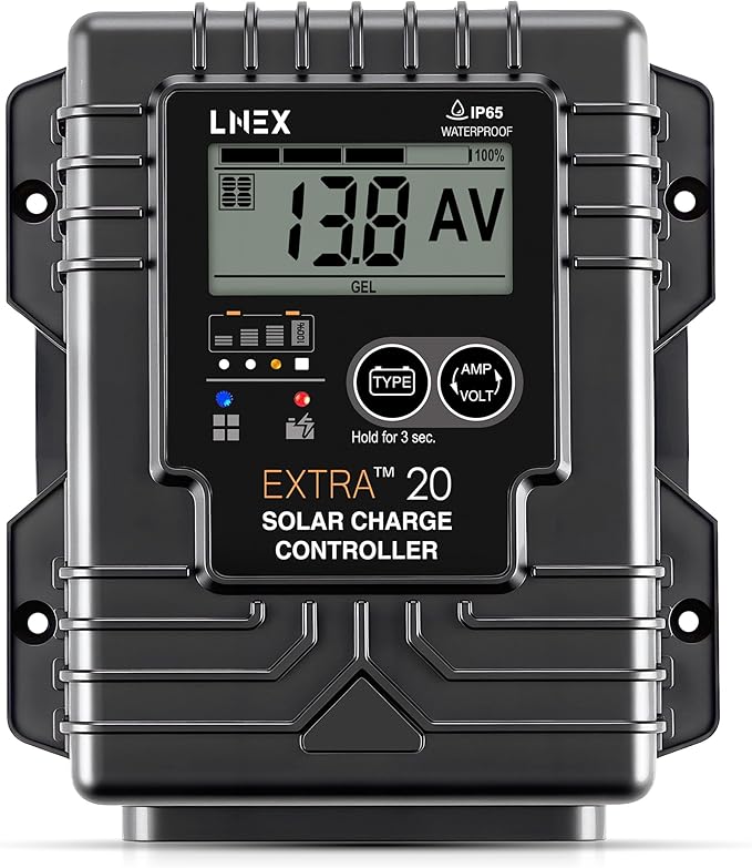 LNEX Solar Charge Controller Waterproof 20A Solar Panel Regulator with Temp SensorBacklit LCD 12V/24V PWM Solar Controller for LiFePO4AGM Gel Flooded and Lithium Battery