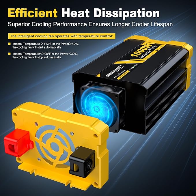 1000W Pure Sine Wave Inverter12V DC to 120V AC–Powers LaptopTabletPrinterSlow CookerSmall MixerCar RefrigeratorSwitch and PS5 with Led Display and Remote Monitoring