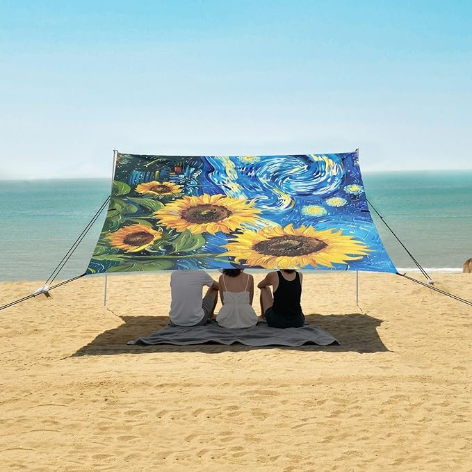 ALAZA Sunflowers Sky Beach Tent Sun Shelter UPF50+ Protection Beach Shade Canopy w/ 4 Sandbags for Outdoor Camping Fishing Backyard Fun Picnic 10x9 ft