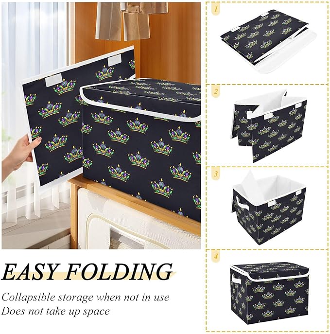 MNSRUU Containers Baskets with Lids Mardi Gras Crown Pattern Fabric Foldable Storage Bins Organizer with Lid Collapsible Storage Boxes for Home Bedroom Closet Office