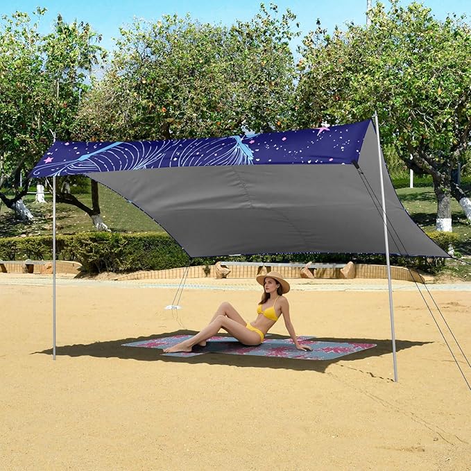 Beach Canopy with Windproof Ropes &amp Sandbags Beach Tent Sun Shade Sun Shelter for Camping Trips Fishing Backyard Fun or Picnics Butterfly