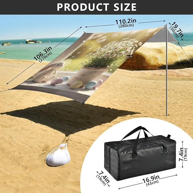 Beach Canopy with Windproof Ropes &amp Sandbags Beach Tent Sun Shade Sun Shelter for Camping Trips Fishing Backyard Fun or Picnics Easter Egg