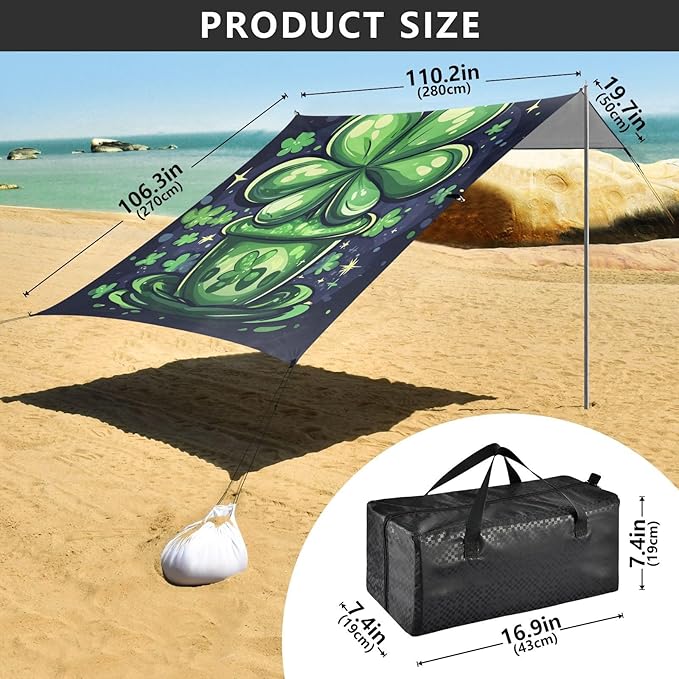 ALAZA Lucky Four Clover for Patricks Day Beach Tent Sun Shelter Portable Canopy Sunshade for Outdoor Camping Picnics Backyard Fun 10x9 ft