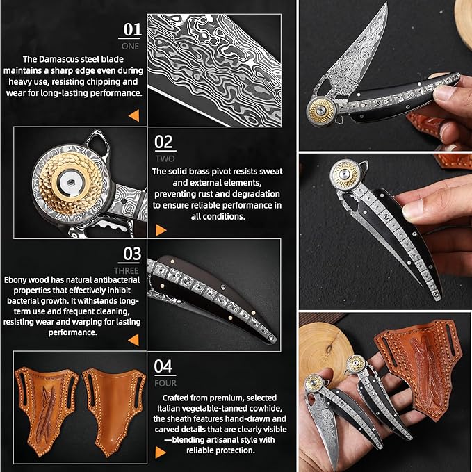 Damascus Steel Folding Knife HRC 60 Pocket Knife for Men Hand Forged Damascus Steel Blade Vegetable Tanned Leather Sheath Ebony Handle Hunting Knives &amp Tools Gifts for Guys