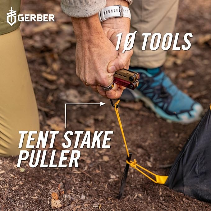 Gerber Gear Stakeout Spark - Multi-Tool Folding Knife for Backpacking Survival Camping Outdoor - Pocket Tool w/Bottle Opener Tent Stake Puller Scissors Tweezers - Coyote Brown