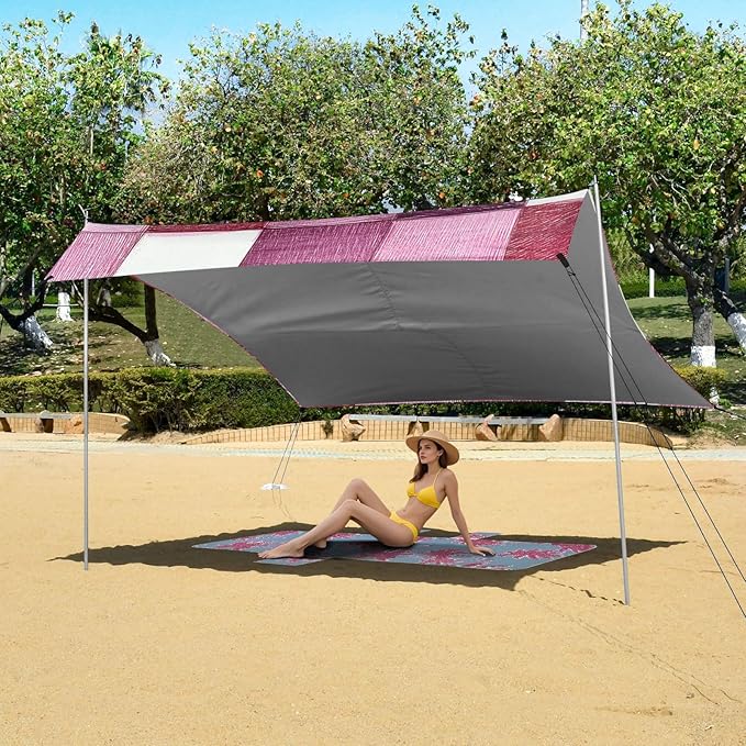 Palevioletred Checked Hand-Drawn Sketch Beach Cabana UPF50+ Water-Resistant Shade Sun Shelter with Sandbags Sand Shovel Poles for Backyard and Camping