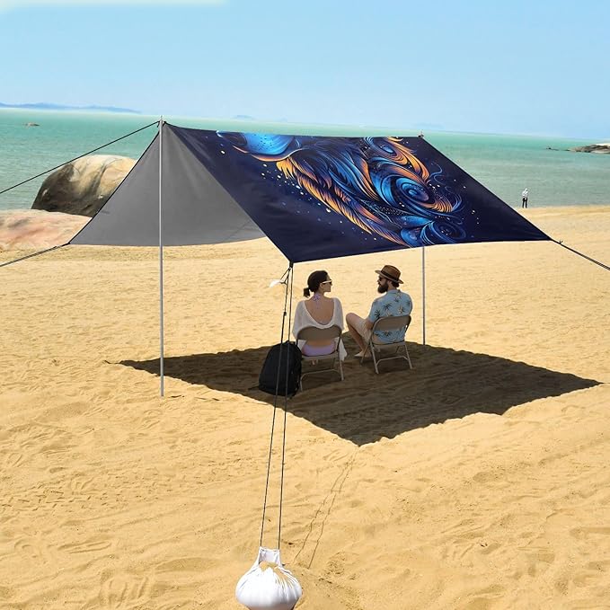 ALAZA Wolf Head Art Beach Tent Sun Shelter UPF50+ Protection Beach Shade Canopy w/ 4 Sandbags for Outdoor Camping Fishing Backyard Fun Picnic 10x9 ft
