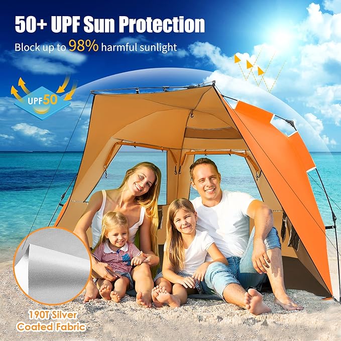 Tangkula 3-4 Person Easy Pop Up Beach Tent UPF 50+ Portable Sun Shelter w/ 3 Ventilation Windows Zippered Front Porch 4 Storage Pockets &amp Carrying Bag Instant Beach Sun Shade with 8.5mm Rod