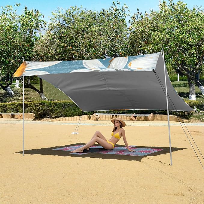 ALAZA Elegant Daisy Hand Drawn Floral Beach Tent Sun Shelter Portable Canopy Sunshade for Outdoor Camping Picnics Backyard Fun 10x9 ft