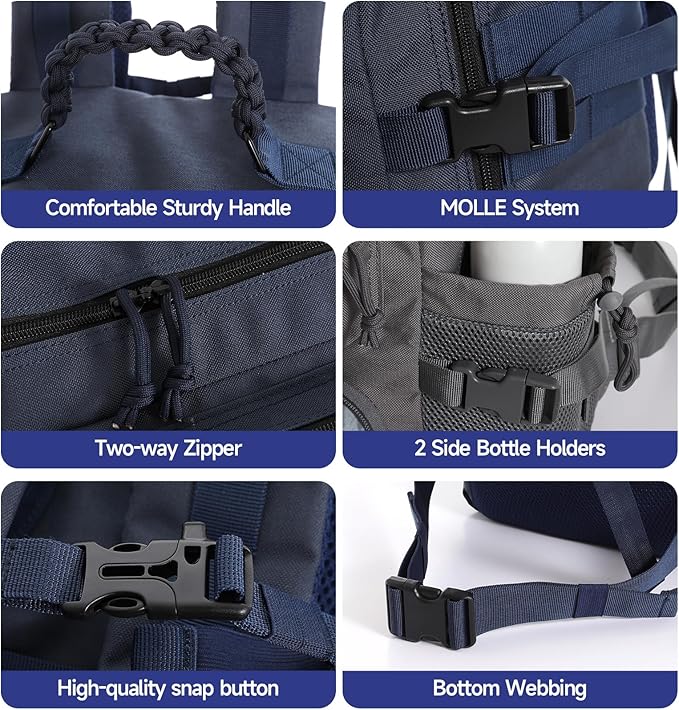 Tactical Backpack for Men Military Backpack with Shoe Compartment Travel Hiking Hunting Gear Bag with Molle System Blue