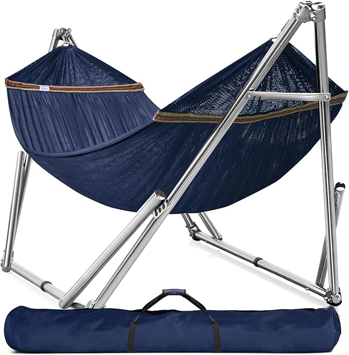 Tranquillo Double Hammock with Stand 650lb Capacity Double Hammock with Spreader Bar Solid Grade 201 Stainless Steel 30s Set Up Sturdy Flexible Hammock Stand Portable Outdoor Indoor Aegean
