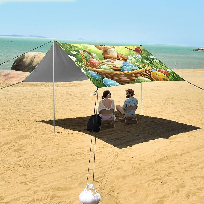 Happy Easter Eggs Spring Bunny Beach Tent Sun Shelter Set UPF50+ UV Protection 10.5 x 9.19 FT Camping Shade Canopy with Sandbags Sand Anchors Carrying Bag and Others