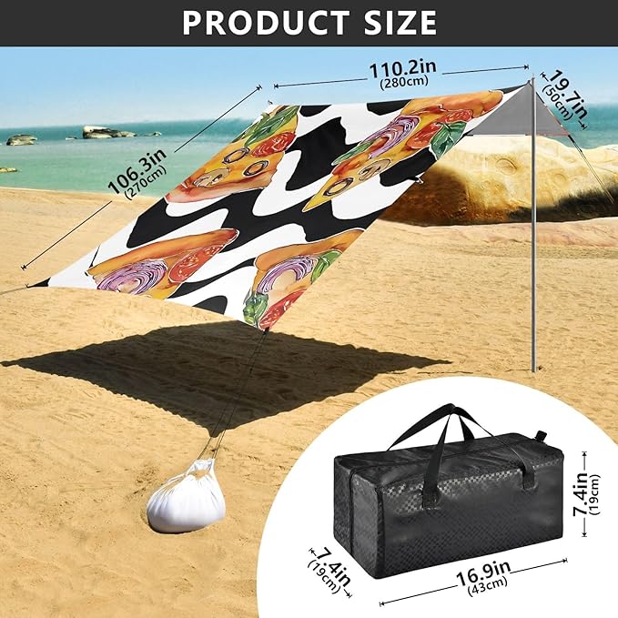 ALAZA Pizza with Black and White Background Pattern Beach Tent Sun Shelter Portable Canopy Sunshade for Outdoor Camping Picnics Backyard Fun 10x9 ft
