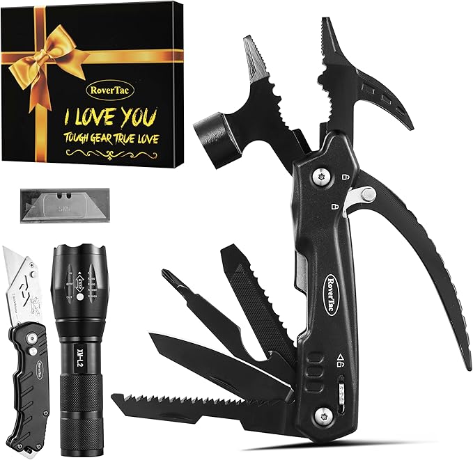 RoverTac Multitools Gift Set – 12-in-1 Multi Tool Hammer LED Flashlight Utility Knife in “I LOVE YOU” Gift Box – Tool Gift for Husband Boyfriend Him Men – Camping Gear &amp Survival Tools