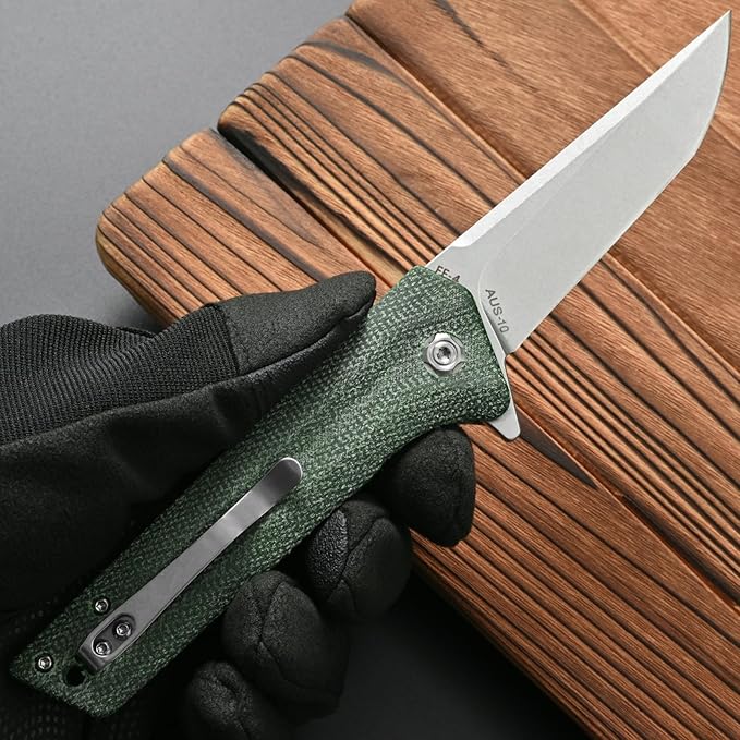 FF4 Folding Knife AUS-10 Steel Blade Micarta Handle Knife for Outdoor Camping Hunting Fishing Survival(Green)