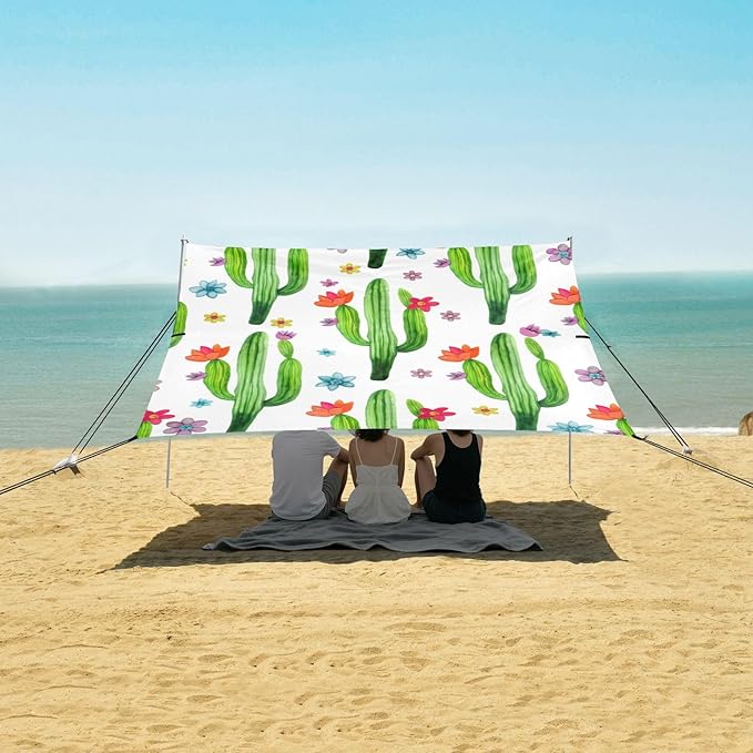 Beach Canopy with Windproof Ropes &amp Sandbags Beach Tent Sun Shade Sun Shelter for Camping Trips Fishing Backyard Fun or Picnics Cactus