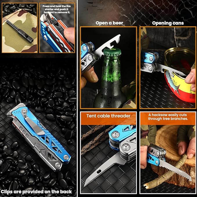 Multitool 15-in-1 Full-Size Lightweight EDC Multi-Purpose Pliers Multitools Camping Knives &amp Tools Tactical Outdoor Gear Mens Gifts Ideas Gifts for Hunters Men who have Everything (Blue)