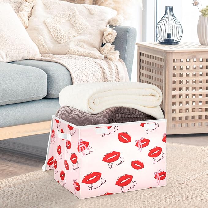 Collapsible Storage Bins with Lids Red Lips with Love Foldable Fabric Organizer Baskets for Closet Home &amp Seasonal Decor 16.5x12.6x11.8 Inches