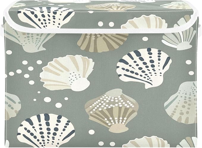Storage Bins With Lid Stackable Fabric Closet Organizer Clothing Storage Large Boxes For Closet Shelves Bedroom Gray Seashell Pattern