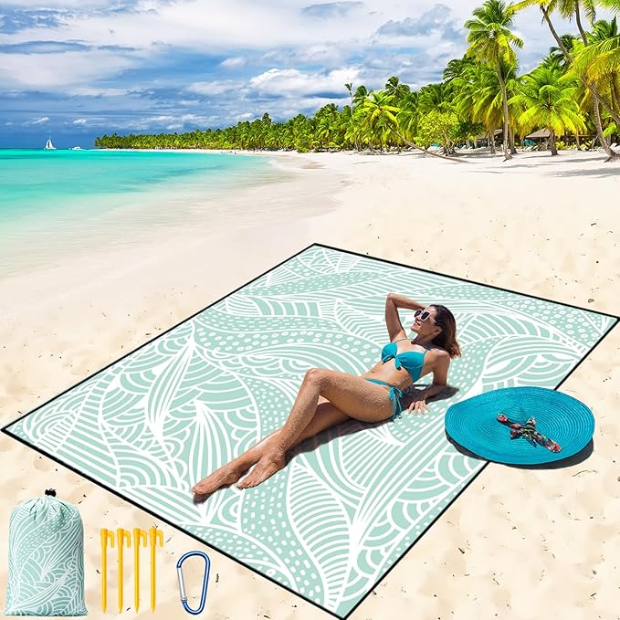 Beach Blanket Waterproof Sandproof Beach Mat 79 X 83/10'x9'for 2-8 Adults Quick Drying Outdoor Picnic Mat Beach Accessories for Travel Camping Hiking