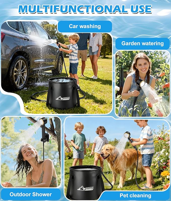 2026 Upgraded Portable Shower for Camping 8000mAh Rechargeable Camping Shower Pump with 5 Gal Foldable Bucket 5 Pressure Modes IPX8 Waterproof Outdoor Shower for Hiking Travel Car Pet Beach