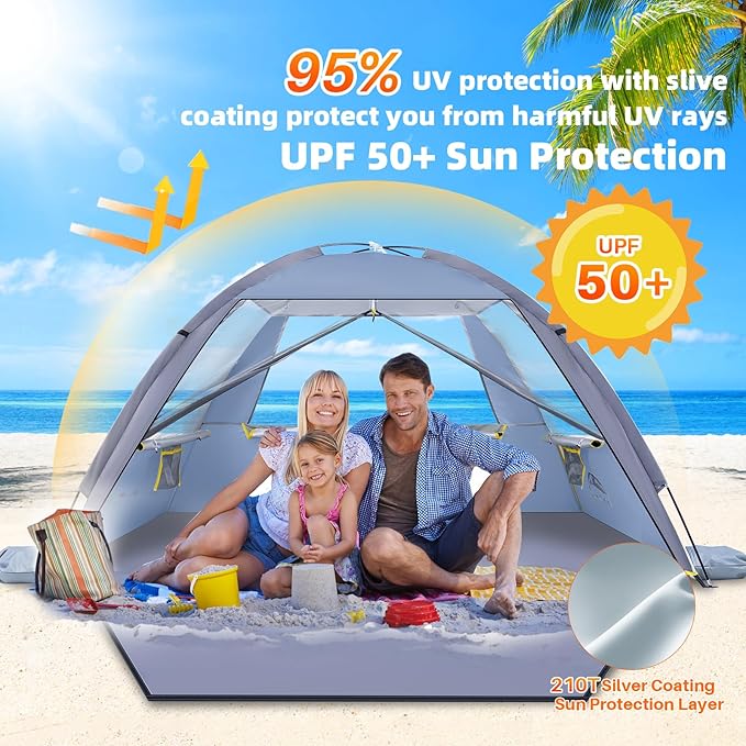 Happy Travel Beach Tent Sun Shelter for 3/4/5/6/7/8 Person Portable UPF 50+ UV Protection Beach Shade Canopy for Family &amp Baby Lightweight &amp Easy Setup Beach Cabana with 3 Ventilation Mesh W