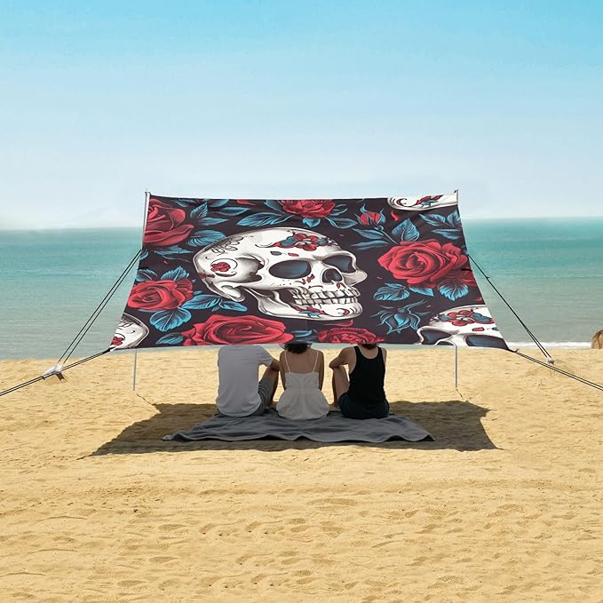 ALAZA Day of The Dead Skull Rose Seamless Beach Tent Sun Shelter Portable Canopy Sunshade for Outdoor Camping Picnics Backyard Fun 10x9 ft