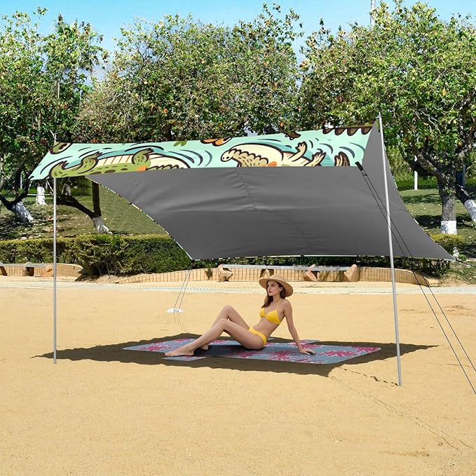 Cartoon Crocodiles Beach Tent Sun Shelter Set UPF50+ UV Protection 10.5 x 9.19 FT Camping Shade Canopy with Sandbags Sand Anchors Carrying Bag and Others
