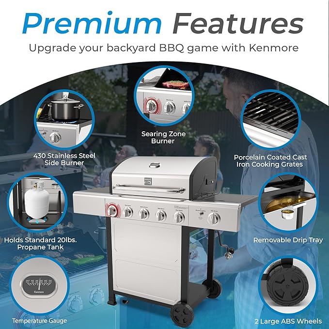 Kenmore BBQ Propane Gas Grill - 5 Burners with Side Burner &amp Searing Zone 644 Sq. In. Stainless Steel Grill 66000 BTU Ideal for Outdoor Cooking Patio &amp Backyard Silver
