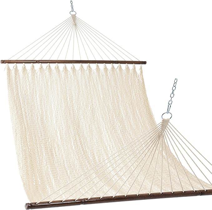 Lazy Daze Hammocks 10.5 FT Double 2 Person Caribbean Rope Hammock Hand Woven Polyester Hammock with Spreader Bars for Outside Outdoor Backyard Patio Poolside 450 LBS Capacity Cream