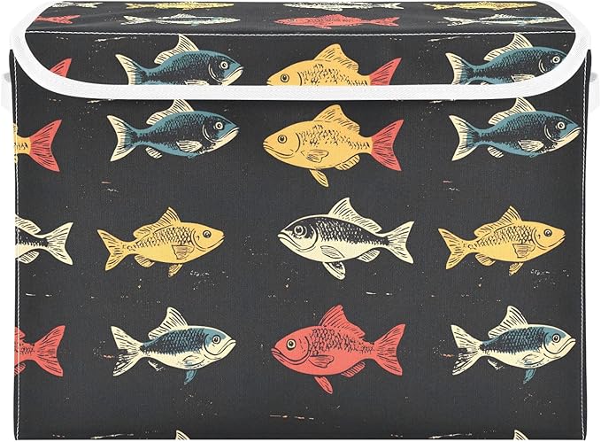 Fishes Pattern Storage Cube Bins Basket with Lid Collapsible Flip-top Fabric with Handle for Home Bedroom Closet Office 16.5×12.6×11.8 in