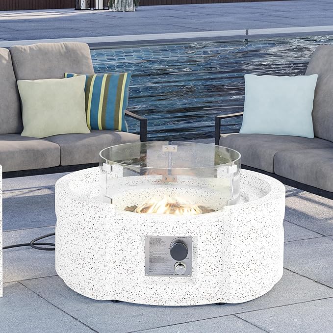 HOMPUS Round Fire Pit Table Outdoor Propane Fire Pit Table w Free Lava Rocks &amp Rain Cover Terrazzo Colorful Fire Pit Table w Wind Guard for Patio Outside