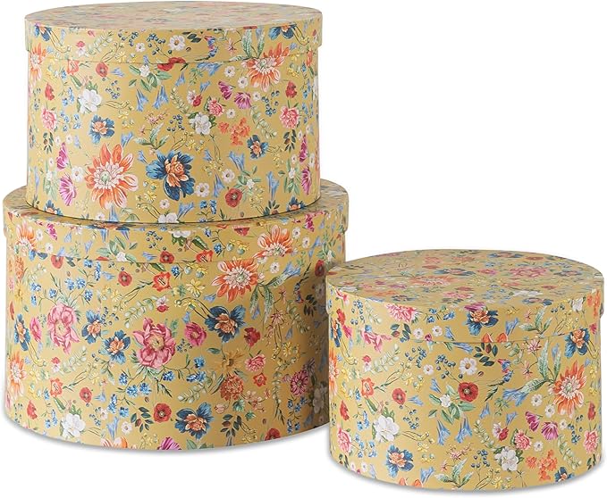 Soul &amp Lane Botanica Bliss Gold Round Hat Boxes with Lids - Set of 3: Nesting Cardboard Hat Storage Boho Floral Print Cases Stacking Circle Decorative Keepsake Boxes