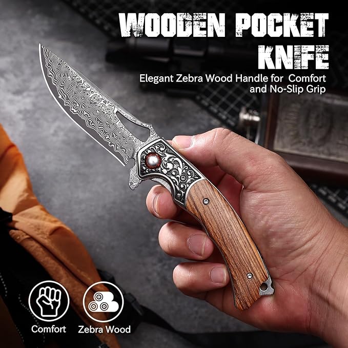 Damascus Pocket Knife with Wooden Handle Sharp 3.54 Damascus Steel Blade Folding Knives for EDC Camping Hiking Outdoor Collection