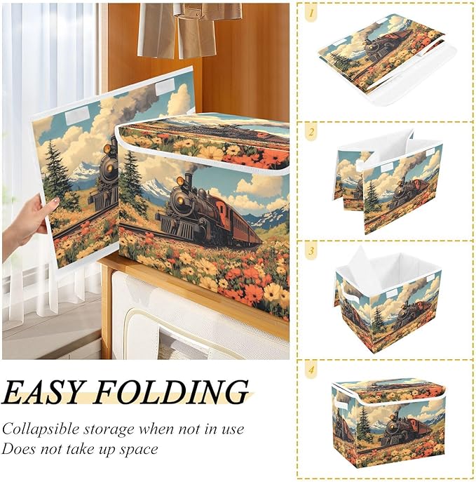 AIXIWAWA Lidded Storage Cube (Spring Wild Train) Fabric Foldable Closet Bins with Flip Lid and Handles Organizer Basket Container 16.5 x 12.6 x 11.8 IN