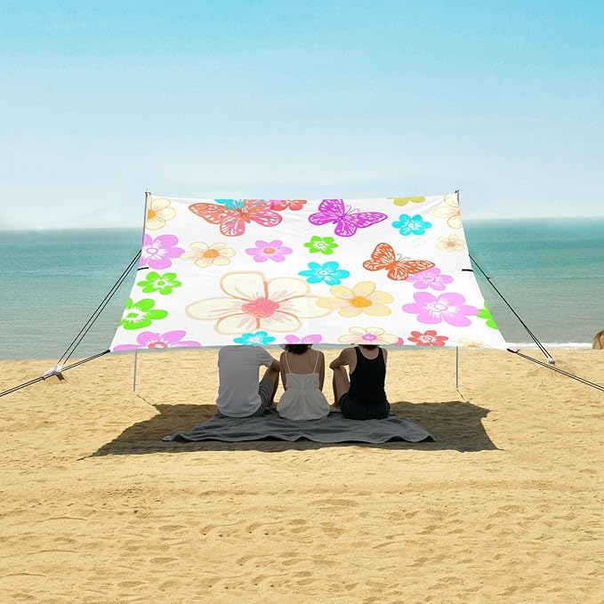 xigua Flowers and Butterflies Beach Tent Sun Shelter with Carrying Bag - Silver Coated Oxford Fabric Beach Canopy for Beach Camping Fishing - Includes Windproof Ropes Sandbags &amp Stakes