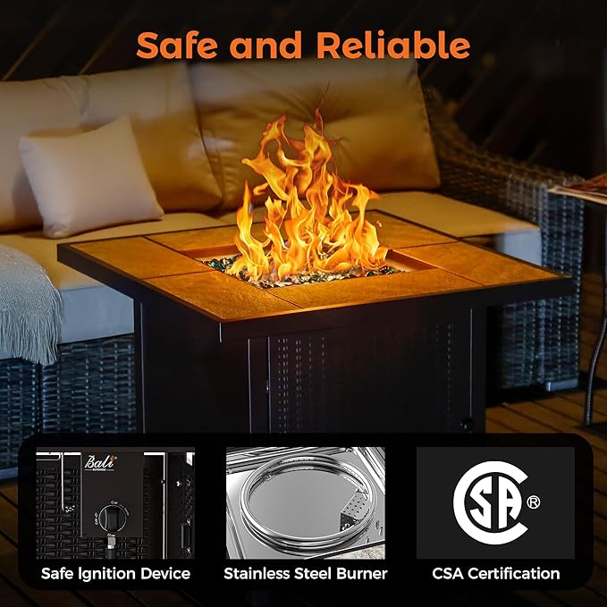 BALI OUTDOORS Propane Gas Fire Pit Table 32 inch 50000 BTU Square Gas Firepits for Outside Brown