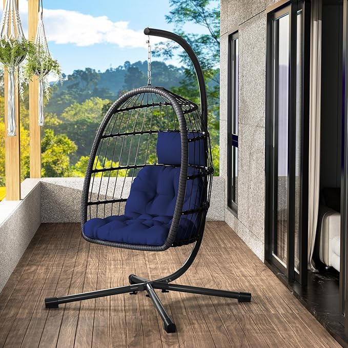 LEVELEVE Egg Chair with StandPatio Rattan Wicker Hanging Swing Egg Chair Hammock Chair for Porch GardenThickened Aluminum Alloy Steel Frame and UV Resistant Cushion350LBS Capacity(Dark Blue)
