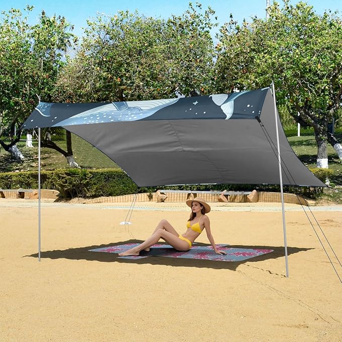 ALAZA Whale Polka Dots Beach Tent Sun Shelter UPF50+ Protection Beach Shade Canopy w/ 4 Sandbags for Outdoor Camping Fishing Backyard Fun Picnic 10x9 ft