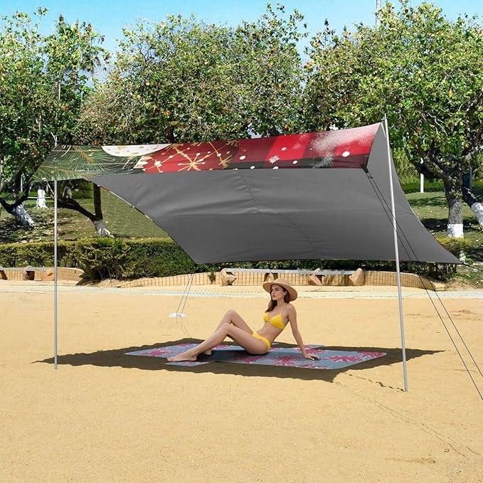 ALAZA Christmas Checked Beach Tent Sun Shelter UPF50+ Protection Beach Shade Canopy w/ 4 Sandbags for Outdoor Camping Fishing Backyard Fun Picnic 10x9 ft